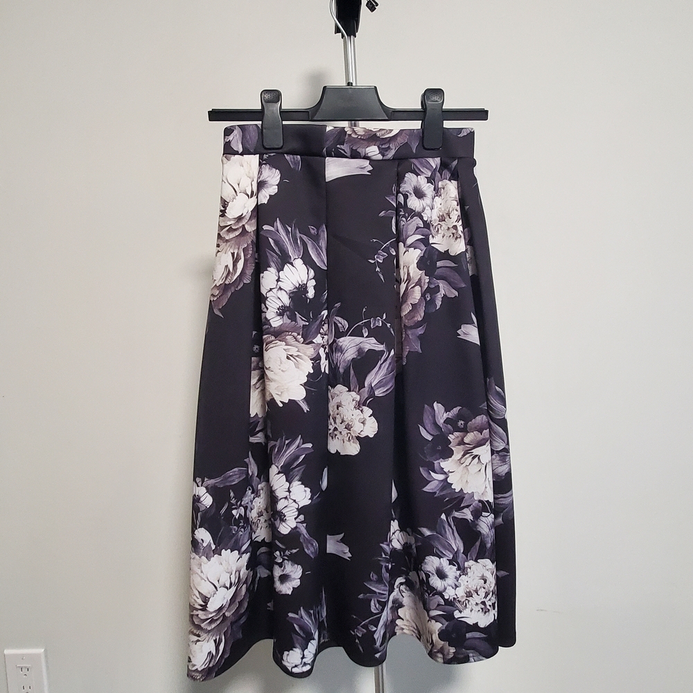 Floral Peplum Midi Skirt in Black and Ivory